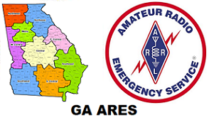 Georgia ARES districts map with each district shaded a different color, alongside the ARRL Amateur Radio Emergency Service logo and the 'GA ARES' label.
