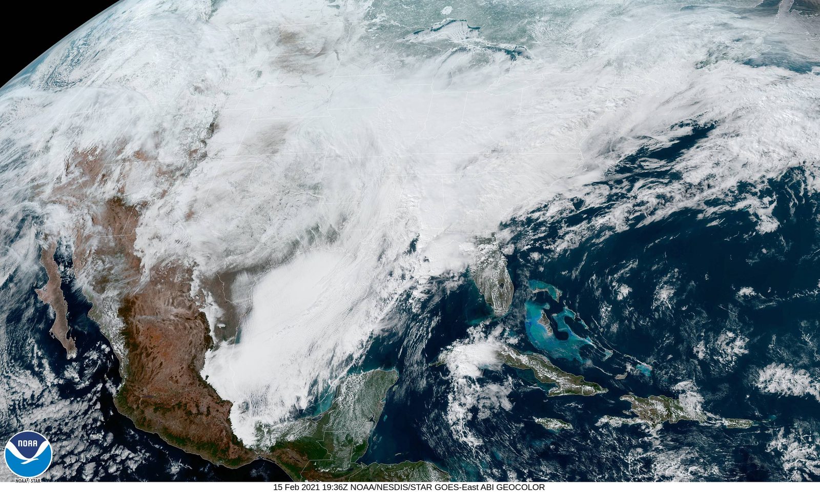 Satellite image of a major US winter storm system